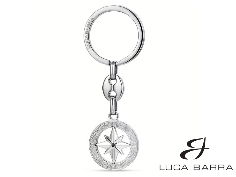 Portachiavi in acciaio con rosa dei venti e cristallo nero.
