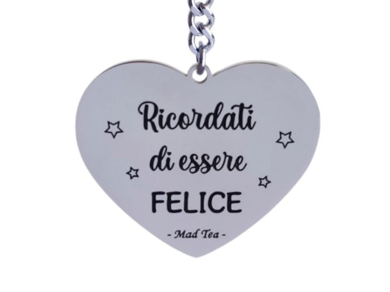 Portachiavi a forma di cuore in acciaio con scritta Ricordati di essere felice e stelline