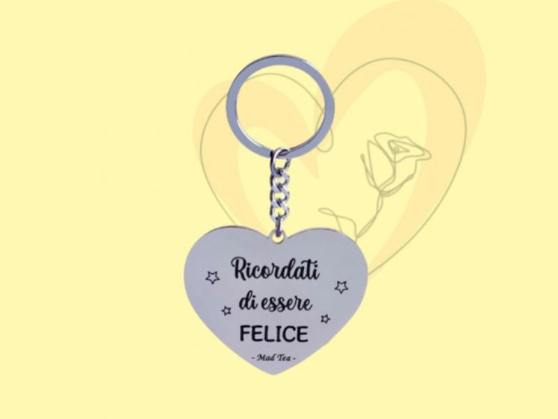 Portachiavi Mad Tea collezione Portachiavi da Favola in acciaio inox a forma di cuore con scritta Ricordati di essere Felice e stelline
