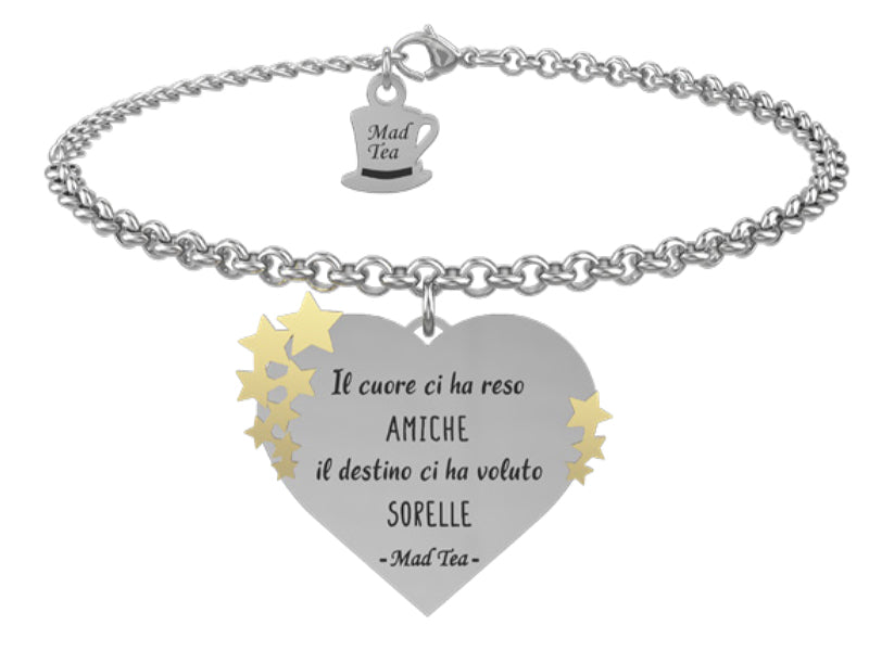 Bracciale con ciondolo a forma di cuore con tante stelline dorate in rilievo.