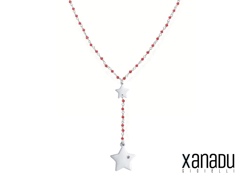 Steel Necklace with Pendant Stars and Red Crystals 