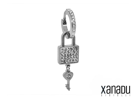 Padlock pendant earring with key in steel and zirconia 