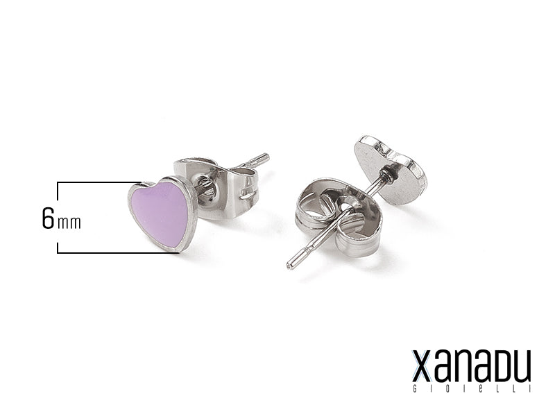 Orecchini a bottone con cuore smaltato e base in acciaio inossidabile