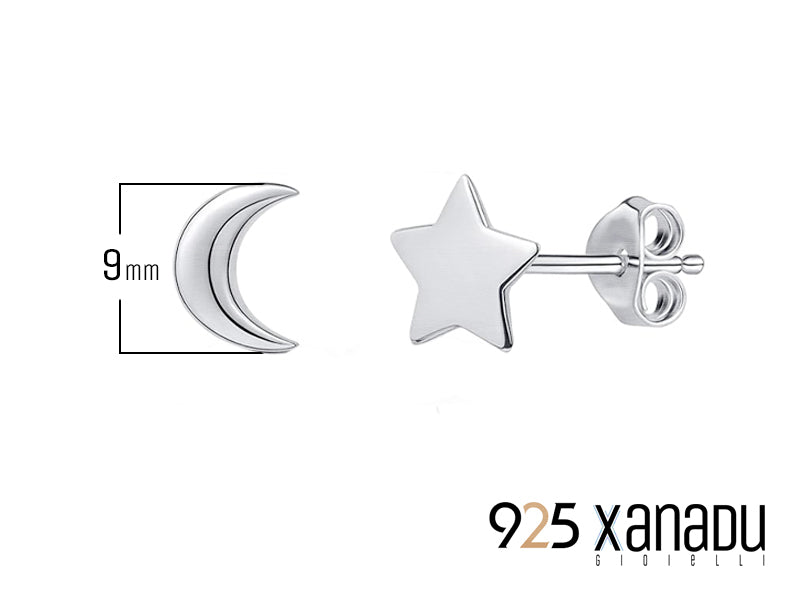 Orecchini a bottone luna e stella in argento 925‰ - 9 mm