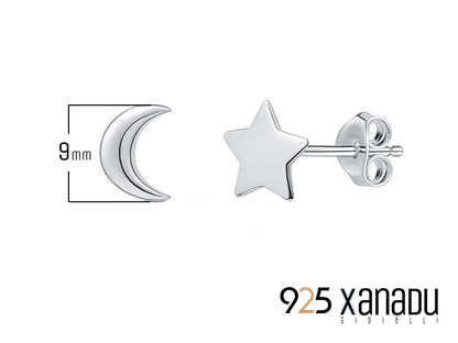 Orecchini a bottone luna e stella in argento 925‰ - 9 mm