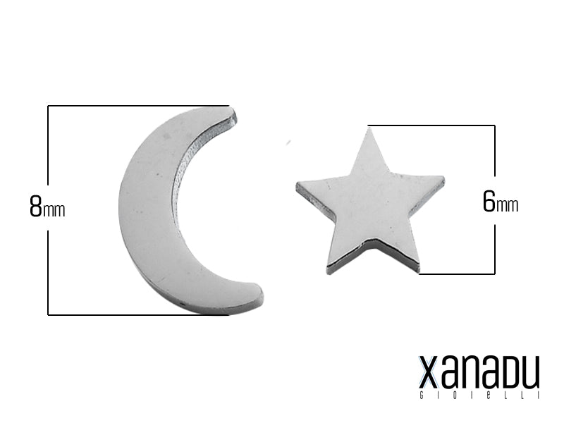 Orecchini a bottone luna e stella in acciaio - 8 mm