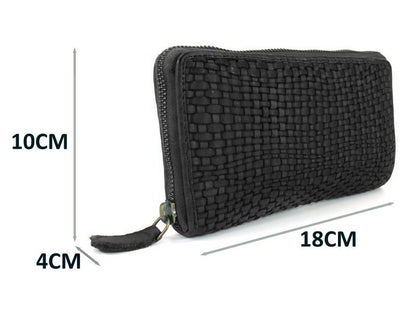 Origami women's wallet in genuine black woven leather with zip 