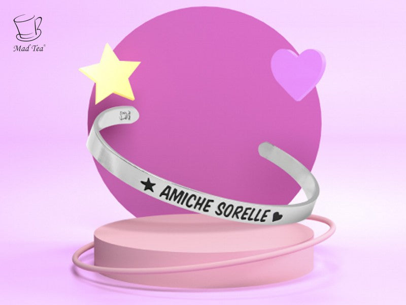 Stainless steel bangle bracelet with sisters friend text