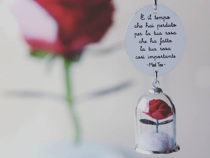 Collana a rosario in acciaio collezione Piccolo Principe di Mad Tea con rosa sotto teca e scritta 