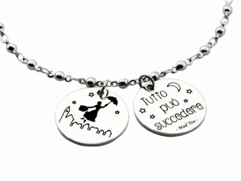 Bracciale in acciaio "Mary Poppins" con incisioni e scritta Tutto può succedere 