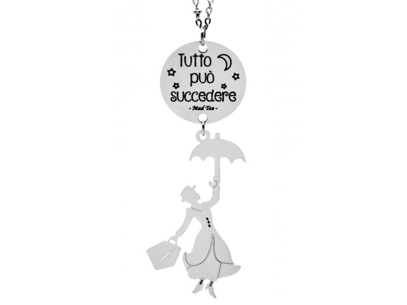 Collana dedicata alla simpatica e stravagante Mary Poppins che con la sua borsa e ombrello saprà catapultarvi nel suo magico mondo per scoprire tutta la meraviglia che si cela dietro alla nostra quotidianità.  E ricordate, ogni qualvolta soffierà il vento dall'est...TUTTO PUÒ SUCCEDERE!  Collana con ciondolo con Mary Poppins che vola con il suo ombrello e targhetta con incisa la frase "Tutto può succedere".