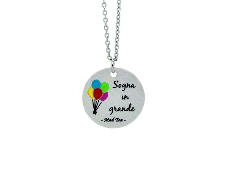 Collana collezione Dream big in acciaio ispirata alla favola di Up con ciondolo inciso Sogna in grande e palloncini colorati