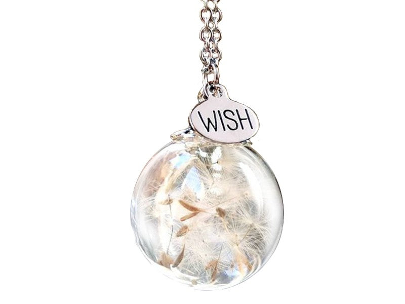 Magica collana con racchiuso un piccolo desiderio!  Chiunque riceverà questa collana deve chiudere gli occhi, soffiare sopra l'ampolla ed esprimere il suo desiderio!  Collana con ampolla contenente i semi del "soffione" e cartiglio con incisa la scritta "wish".