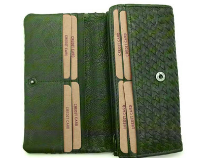 Origami women's wallet in real green woven leather 