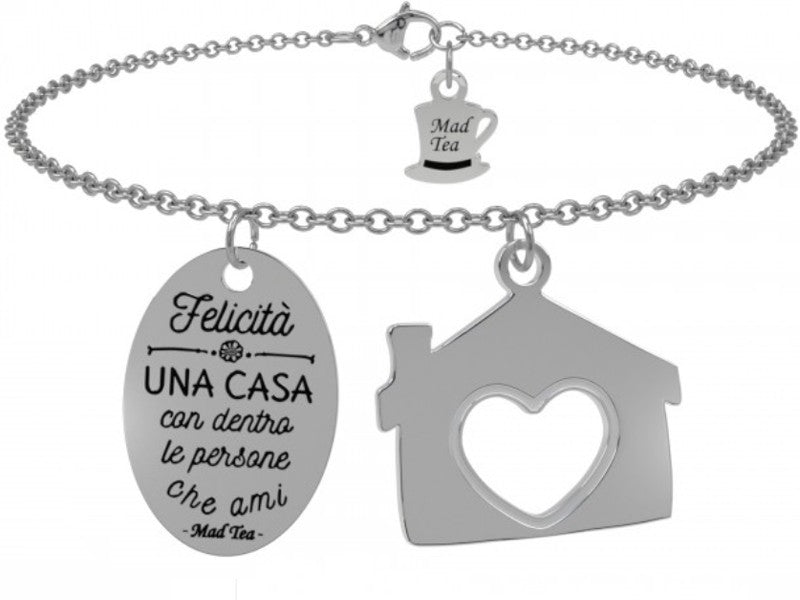 "Felicità: una casa con dentro le persone che ami" Questo bracciale è dedicato alla casetta dei Sette Nani che ha saputo accogliere Biancaneve e renderla felice come se fosse sempre stata parte della famiglia. Perché la felicità non è un posto in cui arrivare ma una casa in cui tornare. Bracciale con ciondolo con incisa la frase "Felicità: una casa con dentro le persone che ami" e piccola casetta dei sette nani pendente con cuore traforato.