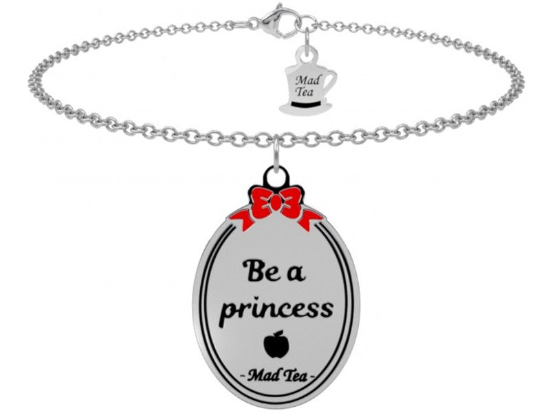 "La vera principessa resta dolce. Resta coraggiosa. Testa alta e cuore in mano."  Questo bracciale rappresenta la forza di noi donne, dolci e determinate allo stesso tempo!  Bracciale con ciondolo ovale sovrastato dal fiocco rosso di Biancaneve con all'interno incisa la frase "Be a princess" e l'iconica mela avvelenata.