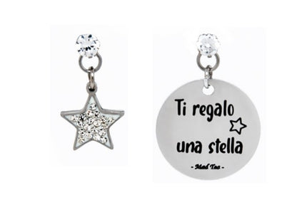 Orecchini con piccola stella tempestata di cristalli e targhetta con incisa la frase "Ti regalo una stella"