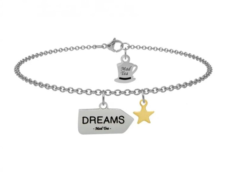 Segui i tuoi sogni, loro conoscono la via ⭐ Un semplice cartello stradale che segnala una direzione diventa un anello di congiunzione con i nostri sogni indicandoci la via. Ma quale via? Ovviamente quella per intraprendere il nostro grande viaggio! Bracciale con ciondolo a forma di freccia con incisa la parola "DREAMS" e piccola stellina dorata pendente.