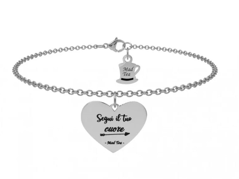 Bracciale con ciondolo a forma di cuore con incisa la frase: Segui il tuo cuore