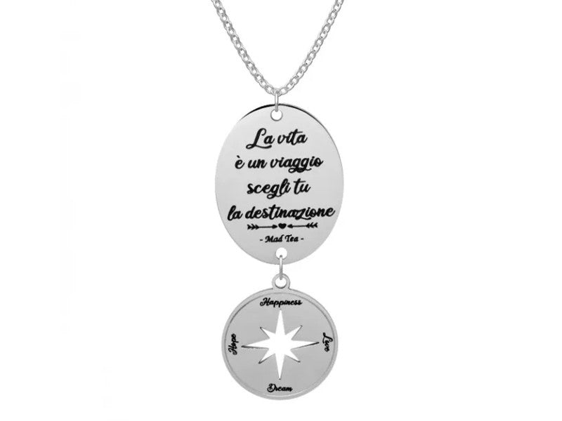 La vita è un viaggio, scegli tu la destinazione ❤️  Questa collana è ispirata alla classica rosa dei venti utilizzata sin dai tempi antichi per orientarsi durante i lunghi viaggi. Particolarità di questo gioiello sono i suoi punti cardinali: HAPPINESS,LOVE,DREAM e HOPE. Questi sentimenti infatti rappresentano la meta di un viaggio interiore, quel viaggio che tutti noi realizziamo per raggiungere i nostri sogni.  Da qui nasce così la Rosa dei Sentimenti!