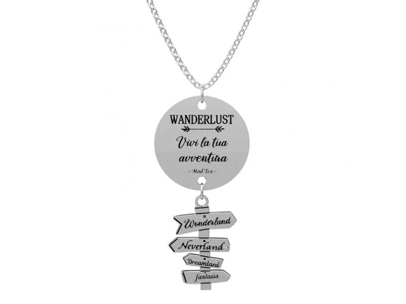 WANDERLUST: VIVI LA TUA AVVENTURA!  Questa collana rappresenta l'inizio del nostro viaggio e della nostra avventura ❤️  Un magico cartello ci indica le direzioni per raggiungere i mondi delle favole: Wonderland, il Paese delle meraviglie di Alice, Neverland di Peter Pan, Dreamland di Dumbo e Fantasia della Storia infinita.