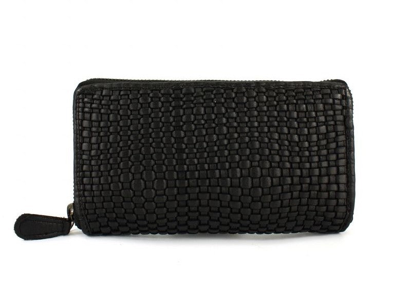 Origami women's wallet in genuine black woven leather with zip 