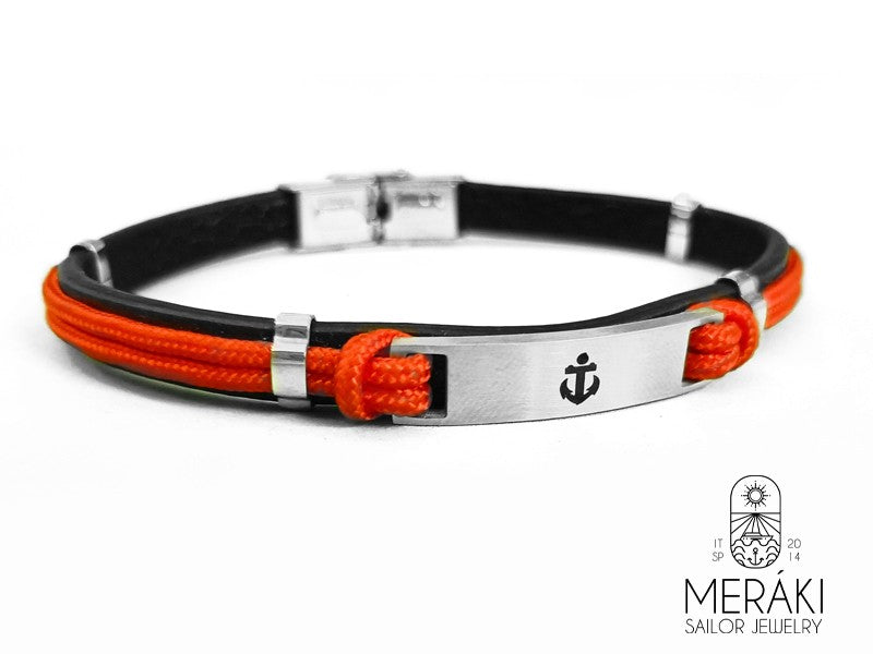 Bracciale cordino in vera pelle nero, cordino nautico arancione e piastrina con ancora incisa in acciaio