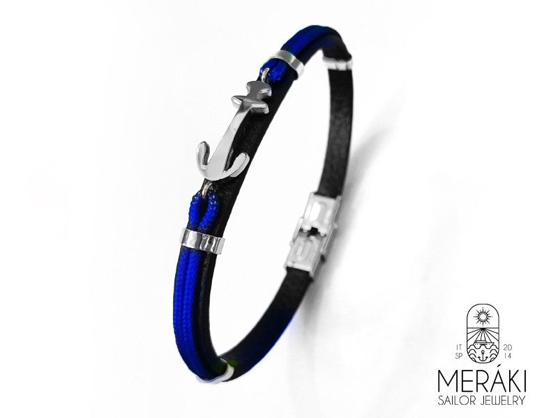 vista laterale bracciale Blue William in pelle e cordino nautico blue elettrico e ancora centrale in acciaio