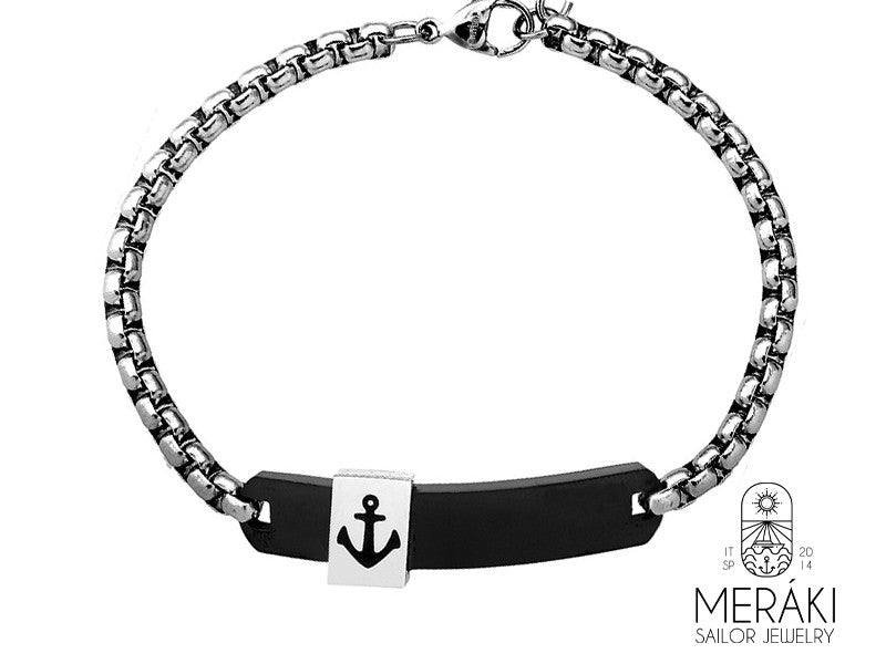 MEraki stainlees steel snake bracelet with black anchor