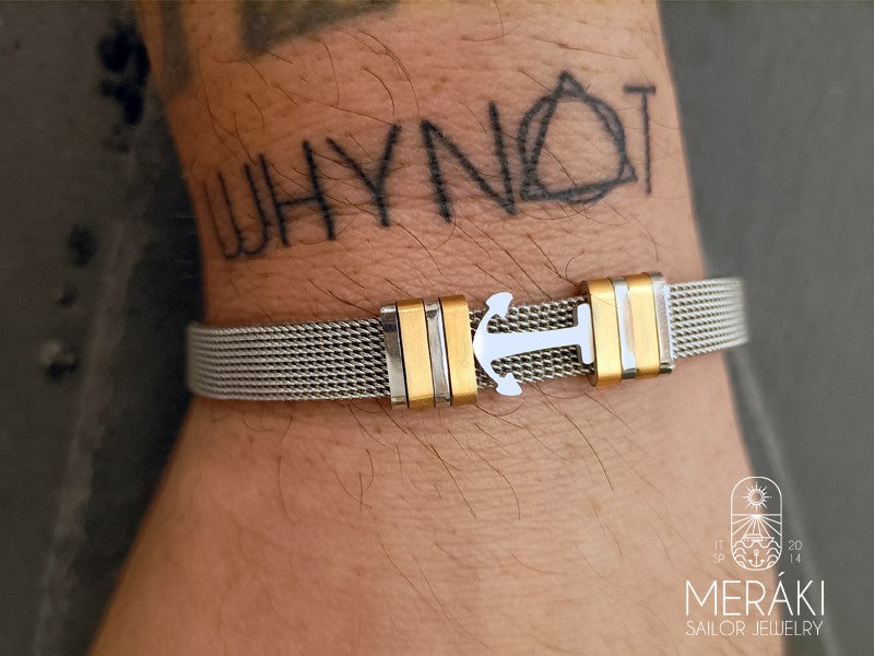 Bracciale maglia mesh in acciaio con ancora centrale in acciaio by Meraki