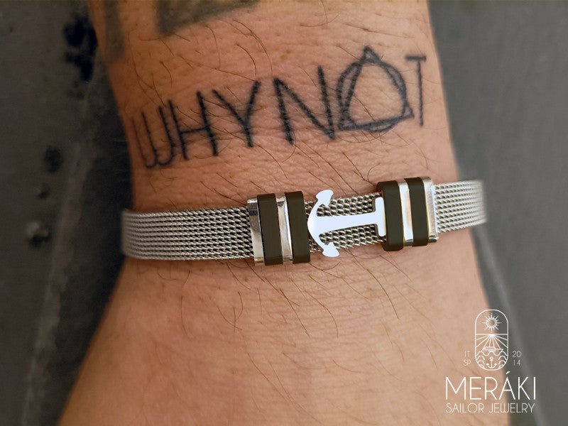 Bracciale Meraki in acciaio con maglia mesh e ancora centrale
