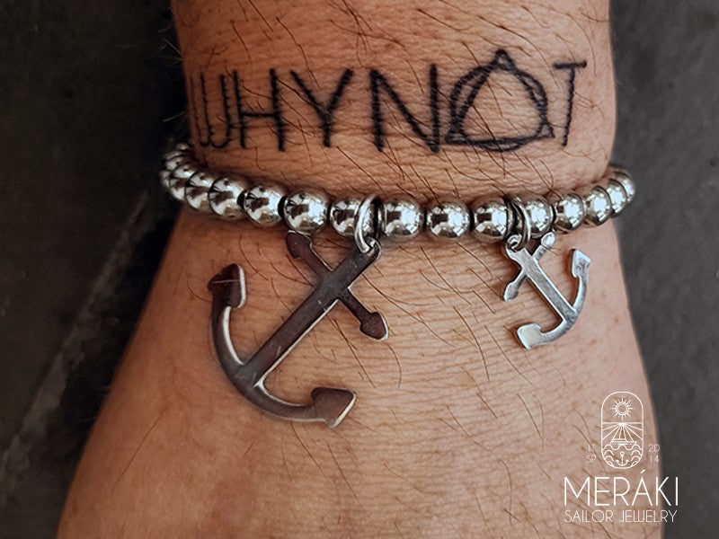 Bracciale elastico Davey in acciaio con ancore  e perline