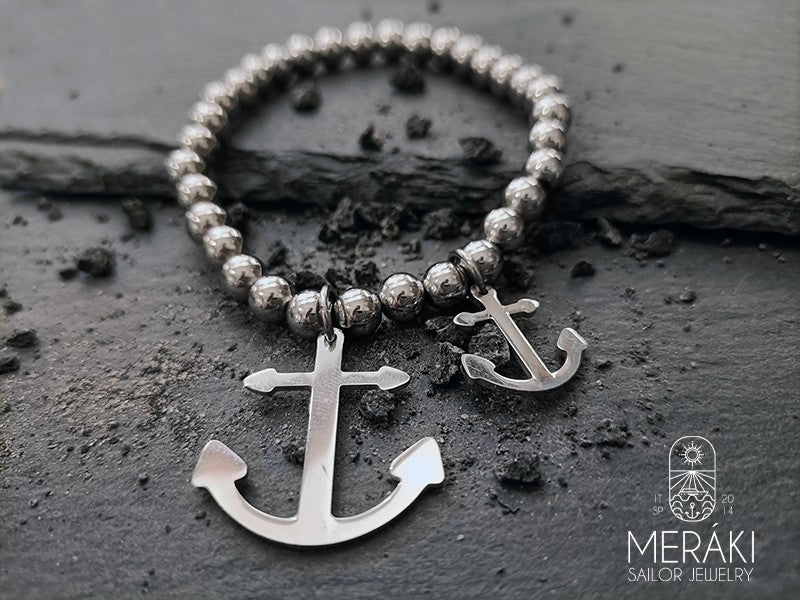 Meraki sailor jewelry bracciale elastico con doppia ancora e perline
