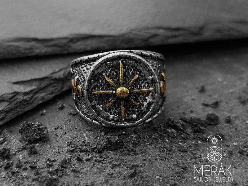 Silver and Gold stainless steel anchor with wind rose ring 