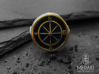 Silver and gold stainless steel wind rose with anchor ring by Meraki sailor jewelry