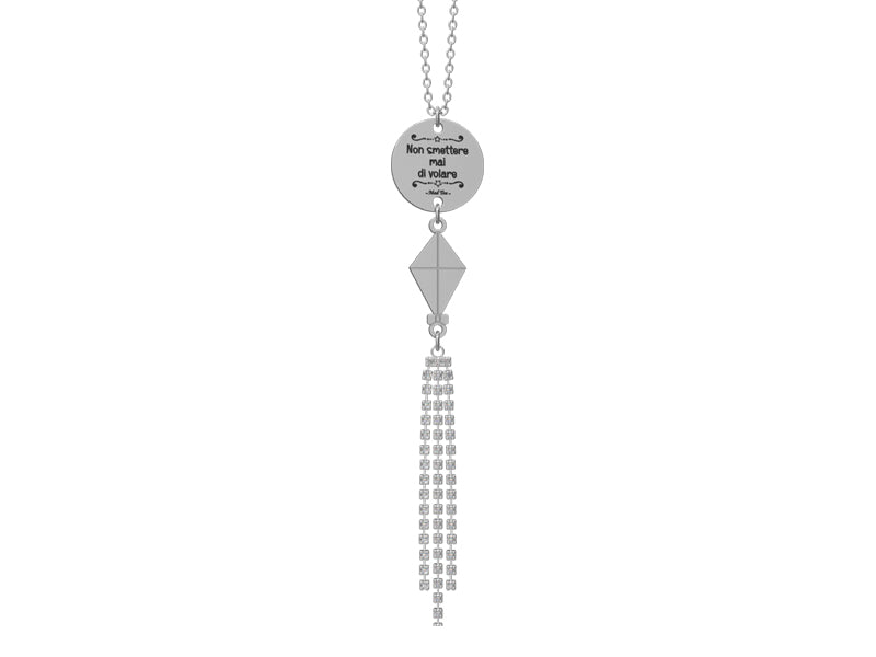 "Non smettere mai di volare ❤️"  Nessun ostacolo potrà fermarti finchè la voglia di volare sarà più forte della paura di cadere.  Collana aquilone di Mary Poppins con coda di cristalli pendenti e piccola targhetta con incisa la frase "Non smettere mai di volare