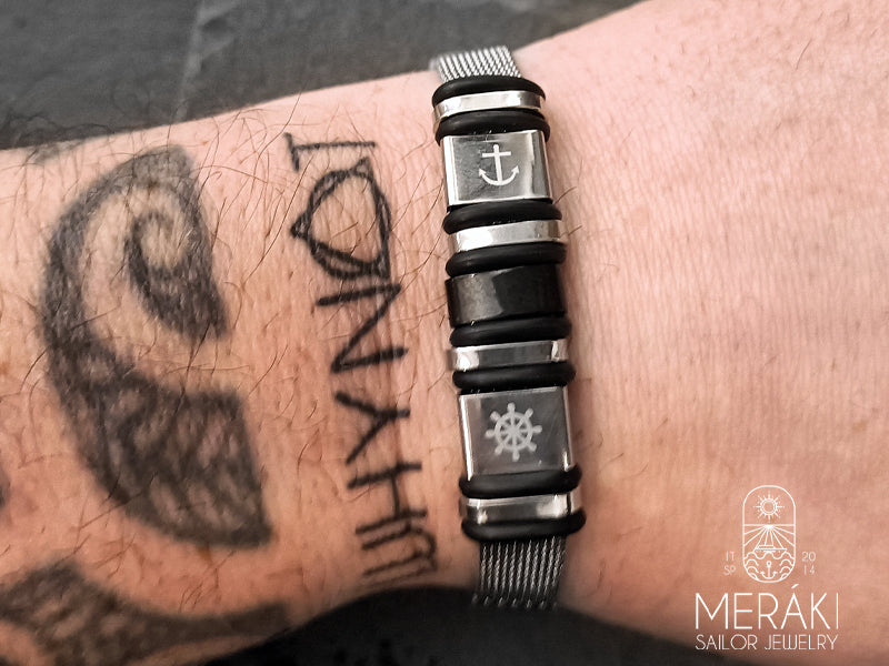 Bracciale Bellamy maglia mesh in acciaio con ancora e timone argentati