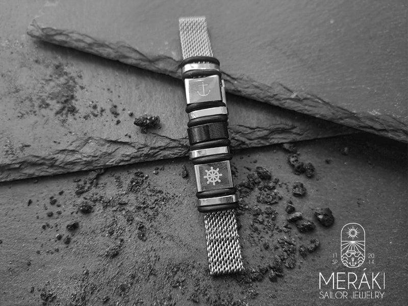 Meraki Stainless steel anchor with rudder mesh bracelet