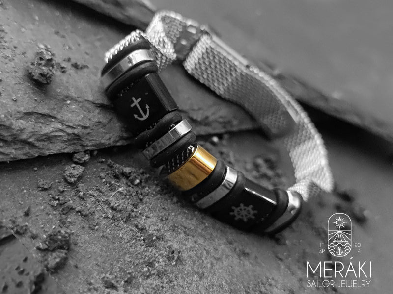 Bracciale maglia mesh in acciaio marchio Meraki con ancora e timone