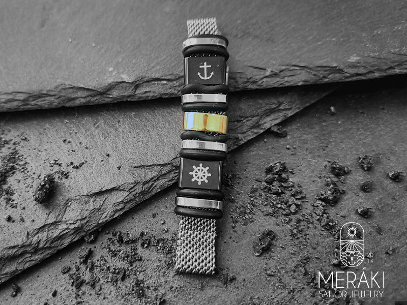 Meraki Stainless steel Gold anchor with rudder bracelet