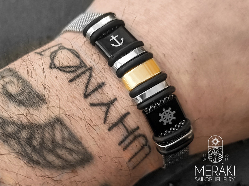 Bracciale Bellamy gold maglia mesh in acciaio con ancora e timone