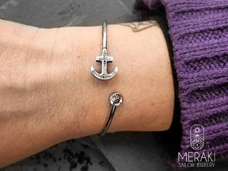 Bracciale bangle rigido Anchor stass in acciaio con ancora e punto luce