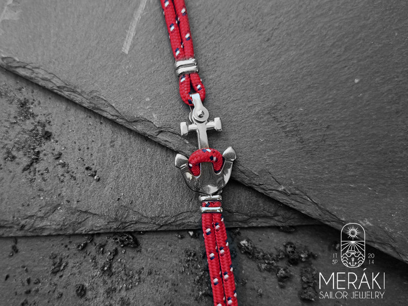 Meraki sailor jewelry bracciale cordino nautico rosso e ancora in acciaio
