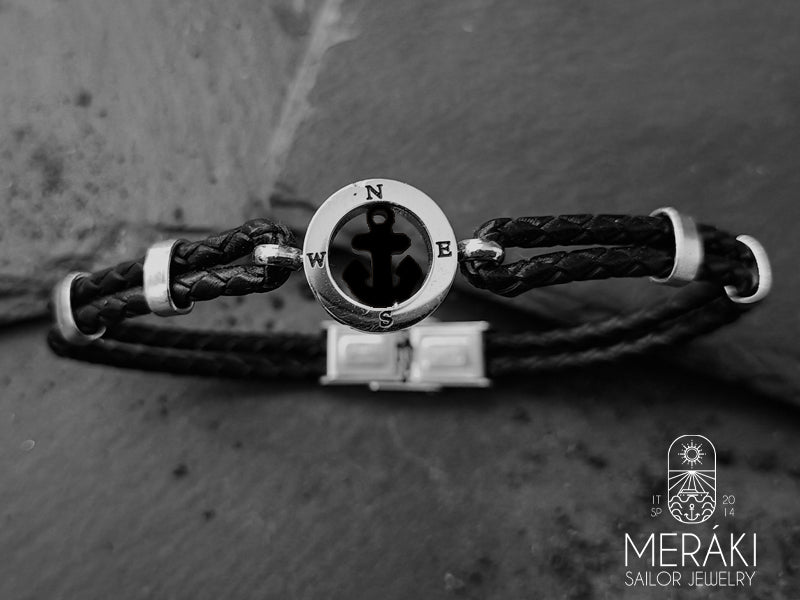 Bracciale Glauco in pelle con ancora nera e punti cardinali