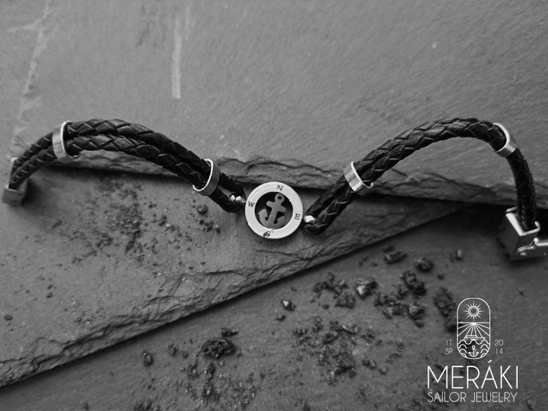 Meraki sailor jewelry leather and stainless steel compass with anchor bracelet