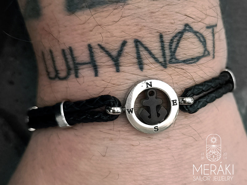 Bracciale Glauco ancora nera e punti cardinali