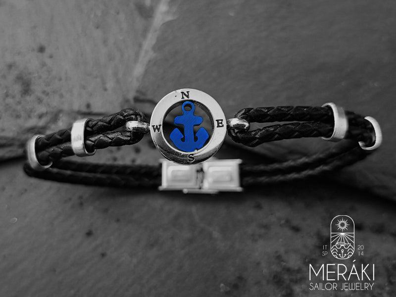 Bracciale Glauco in pelle con ancora blu e punti cardinali