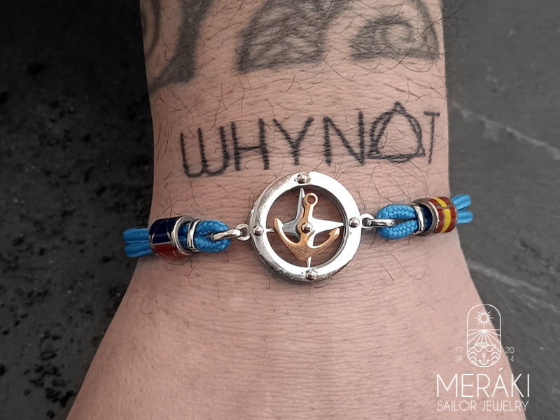Meraki bracciale cordino nautico, ancora girevole dorata e rosa dei venti