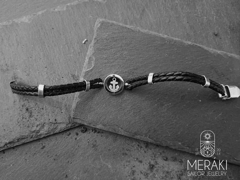 Meraki bracciale in pelle con ancora e punti cardinali in acciaio argentati