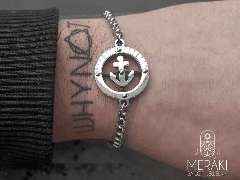 Bracciale Kai black & silver con rosa dei venti e ancora